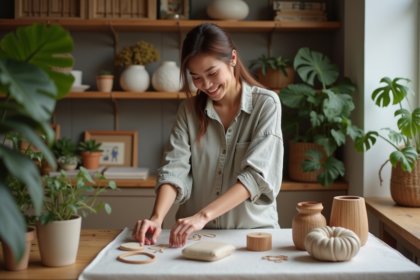 Jeune femme arrangeant des créations artisanales dans une boutique chaleureuse