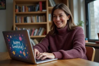 Femme souriante utilisant son ordinateur portable pour créer une cybercarte animée de vœux depuis son bureau à domicile en hiver