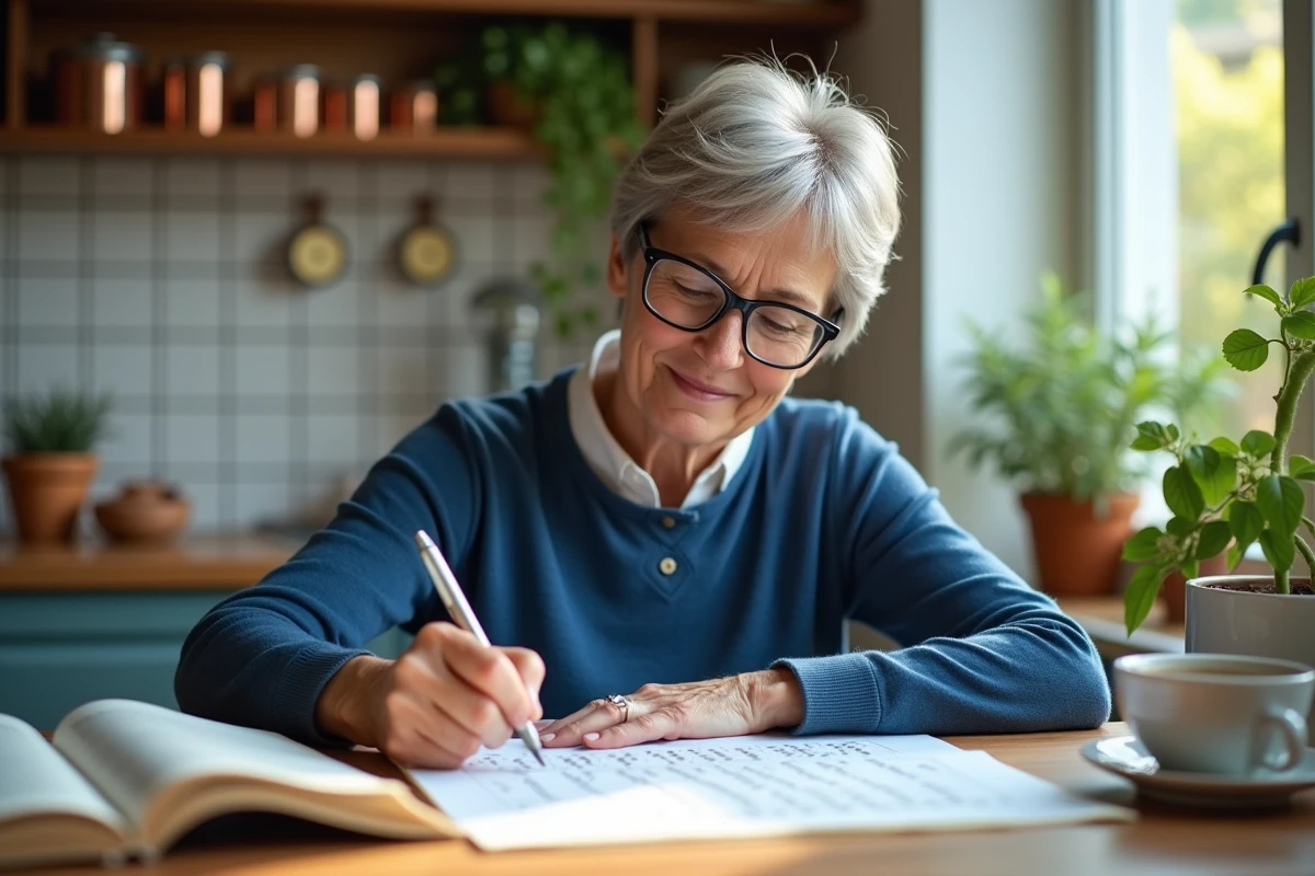 Femme d'âge moyen remplissant un mots croises au café