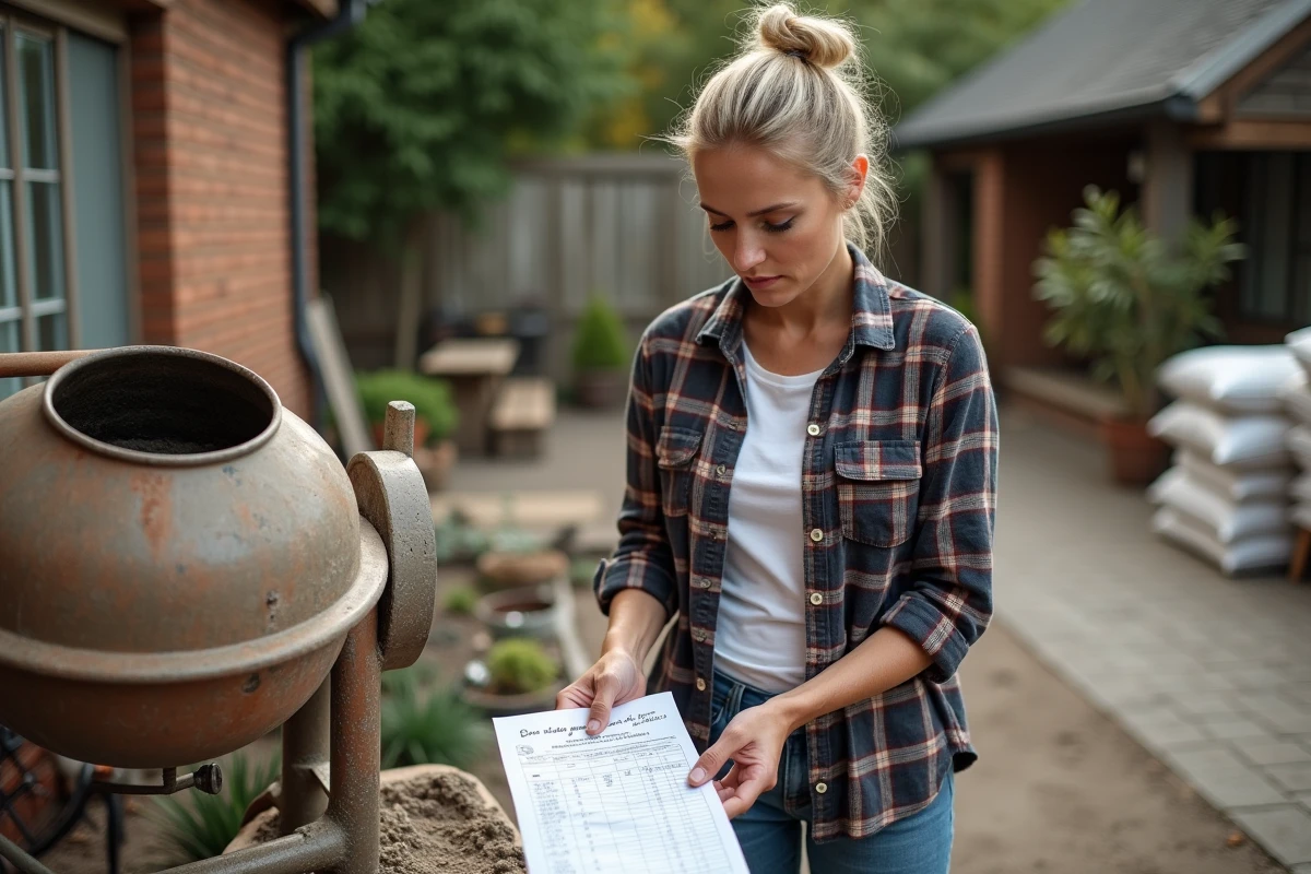 Femme consultant un tableau de dosage béton à côté d'une bétonnière lors de la préparation d'une terrasse
