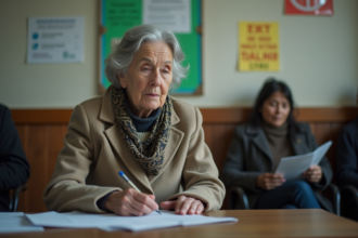 Femme âgée remplissant des papiers dans un centre santé