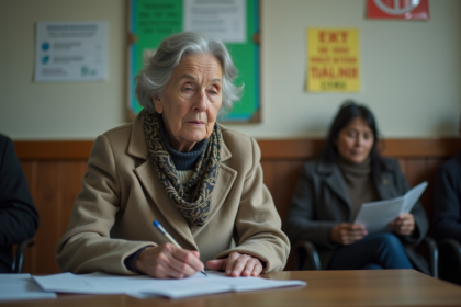 Femme âgée remplissant des papiers dans un centre santé