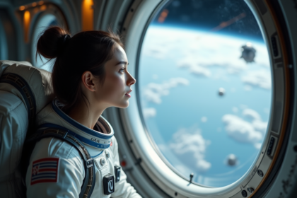 Jeune femme dans son costume spatial regardant la Terre