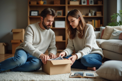 Femme et son fils triant des souvenirs dans un salon chaleureux