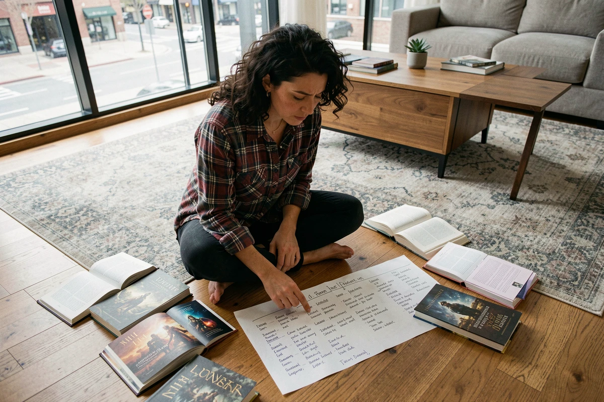 Une femme consultant des livres et une frise chronologique posés au sol pour comprendre l'ordre de lecture du Hobbit