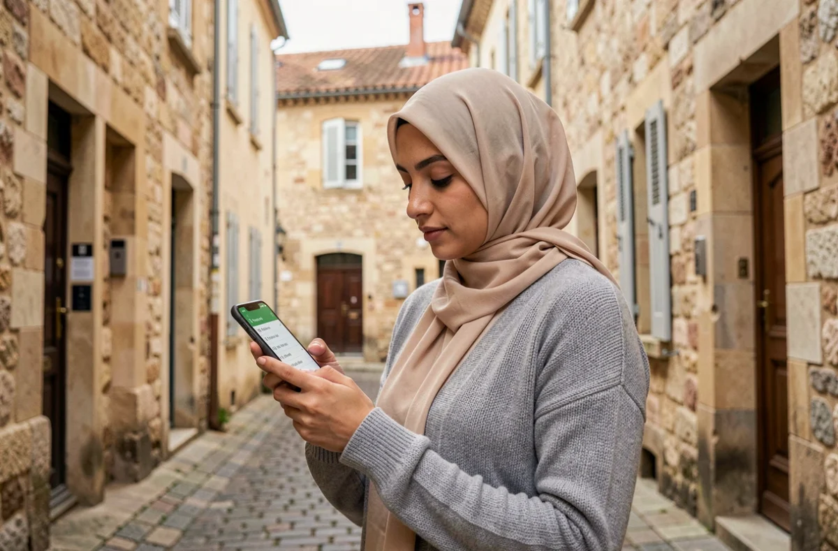 Jeune femme en hijab recevant une notification SMS des heures de prières à Narbonne dans une rue historique