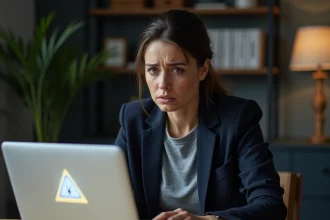 Femme inquiète regardant un pop-up malveillant sur son ordinateur portable dans un bureau à domicile