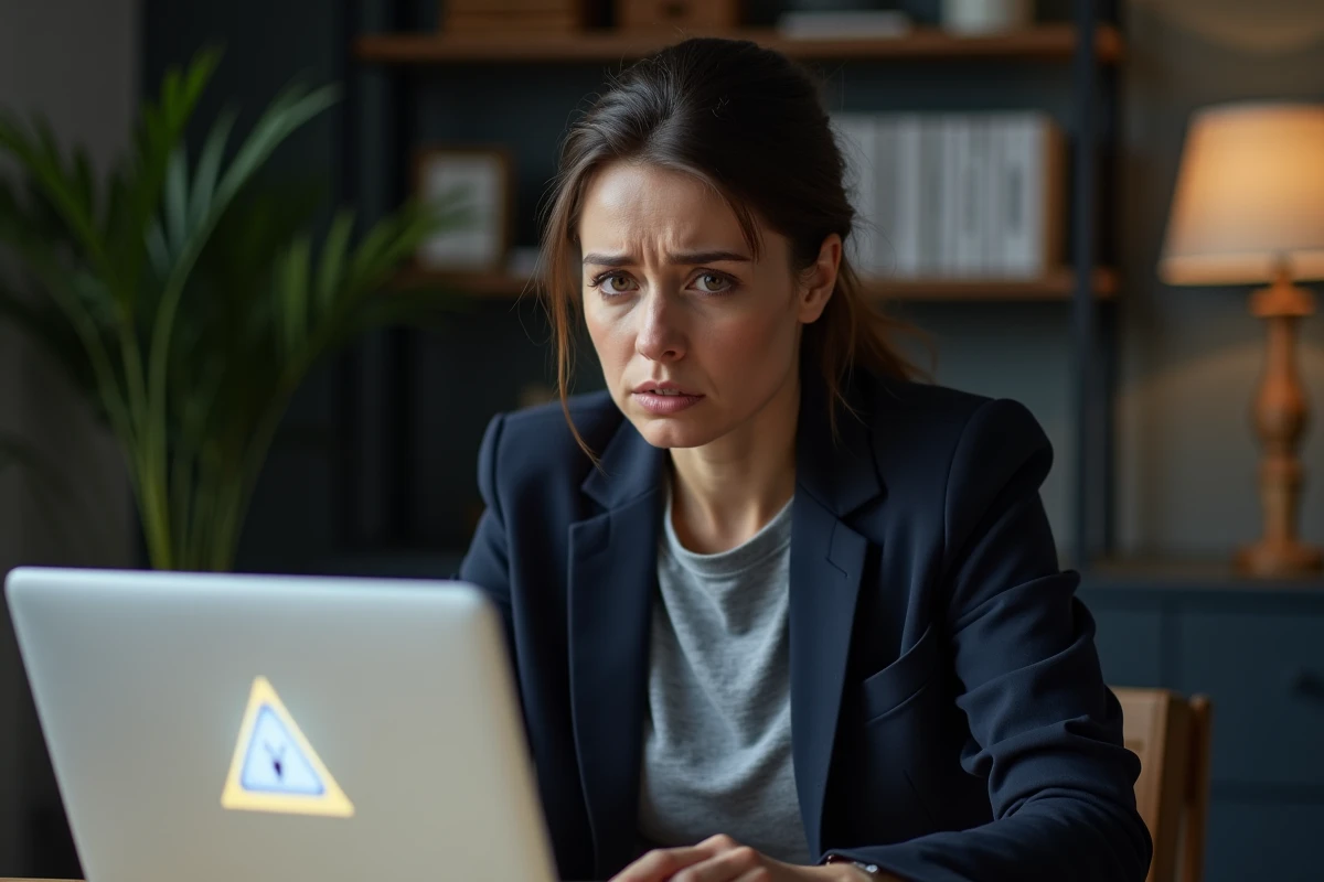 Femme inquiète regardant un pop-up malveillant sur son ordinateur portable dans un bureau à domicile