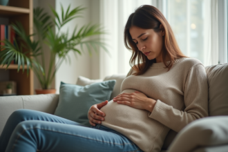 Femme inquiète touchant son ventre dans un salon lumineux