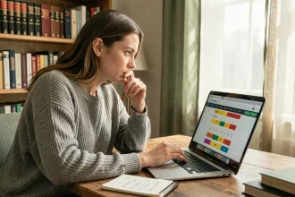 Jeune femme concentrée jouant à Pedantix sur un ordinateur portable, prenant des notes manuscrites de stratégie sur un bloc-notes