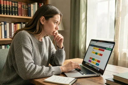 Jeune femme concentrée jouant à Pedantix sur un ordinateur portable, prenant des notes manuscrites de stratégie sur un bloc-notes