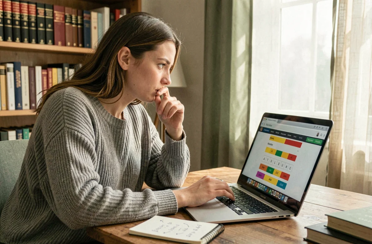 Jeune femme concentrée jouant à Pedantix sur un ordinateur portable, prenant des notes manuscrites de stratégie sur un bloc-notes