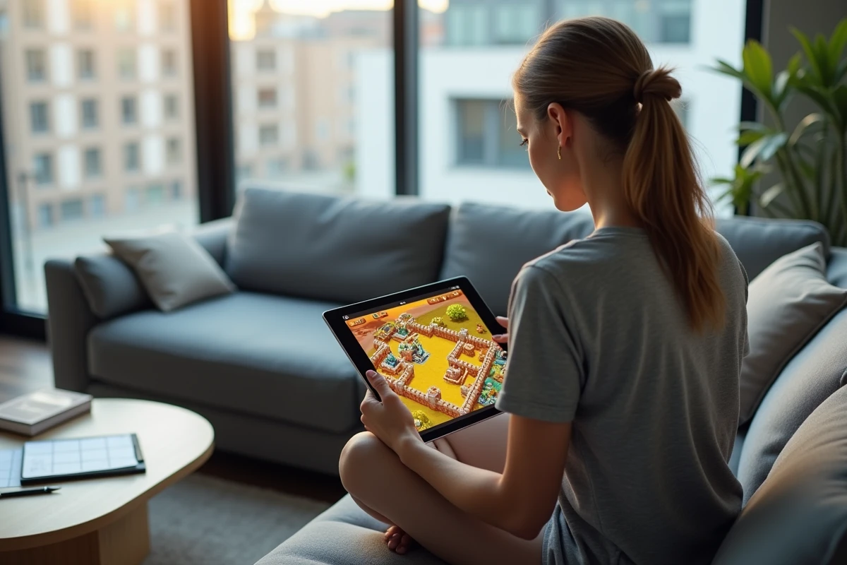 Femme joueuse analysant une composition de base HDV 12 sur une tablette dans un salon moderne
