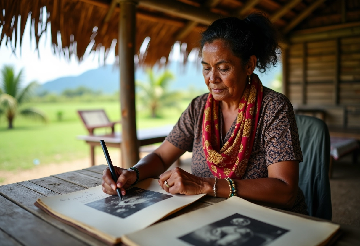 Femme kanak examinant des photos et notes historiques