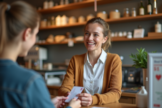 Femme souriante tenant une carte de fidélité en boutique