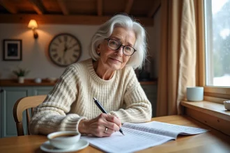 Femme remplissant des mots fléchés avec une grille sur une table en bois dans un intérieur suisse traditionnel