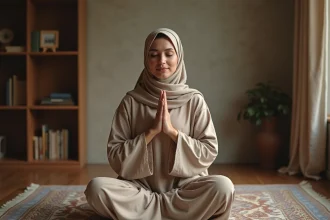 Femme musulmane en hijab beige priant paisiblement