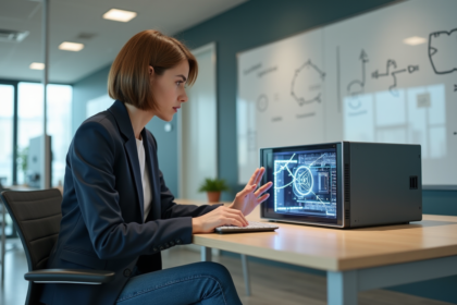 Jeune femme examinant un modèle de quantum dans un bureau moderne