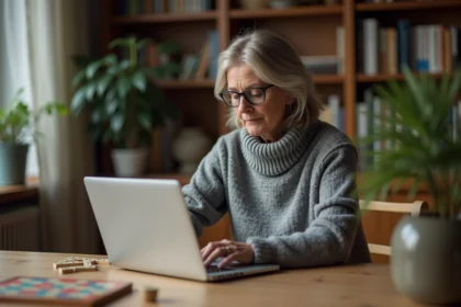 Femme réfléchissant avec ordinateur et jeu de Scrabble
