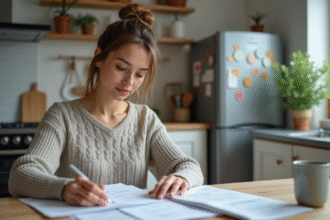 Femme en train d'organiser ses factures dans la cuisine