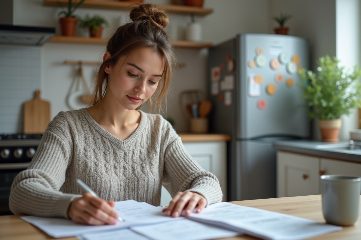 Femme en train d'organiser ses factures dans la cuisine