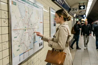 Femme consultant un plan du RER Île-de-France affiché dans une station parisienne