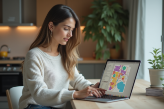 Femme examinant une carte de zonage urbaine sur son ordinateur