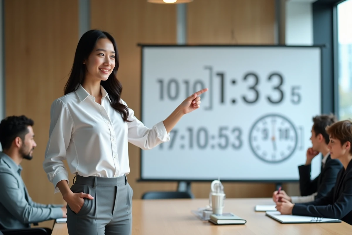 Jeune femme expliquant un graphique de temps centieme en réunion