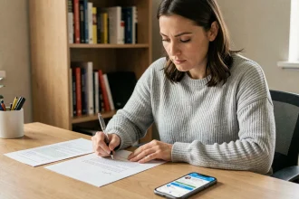 Femme rédigeant une lettre de résiliation d'abonnement à son bureau à domicile avec un contrat imprimé