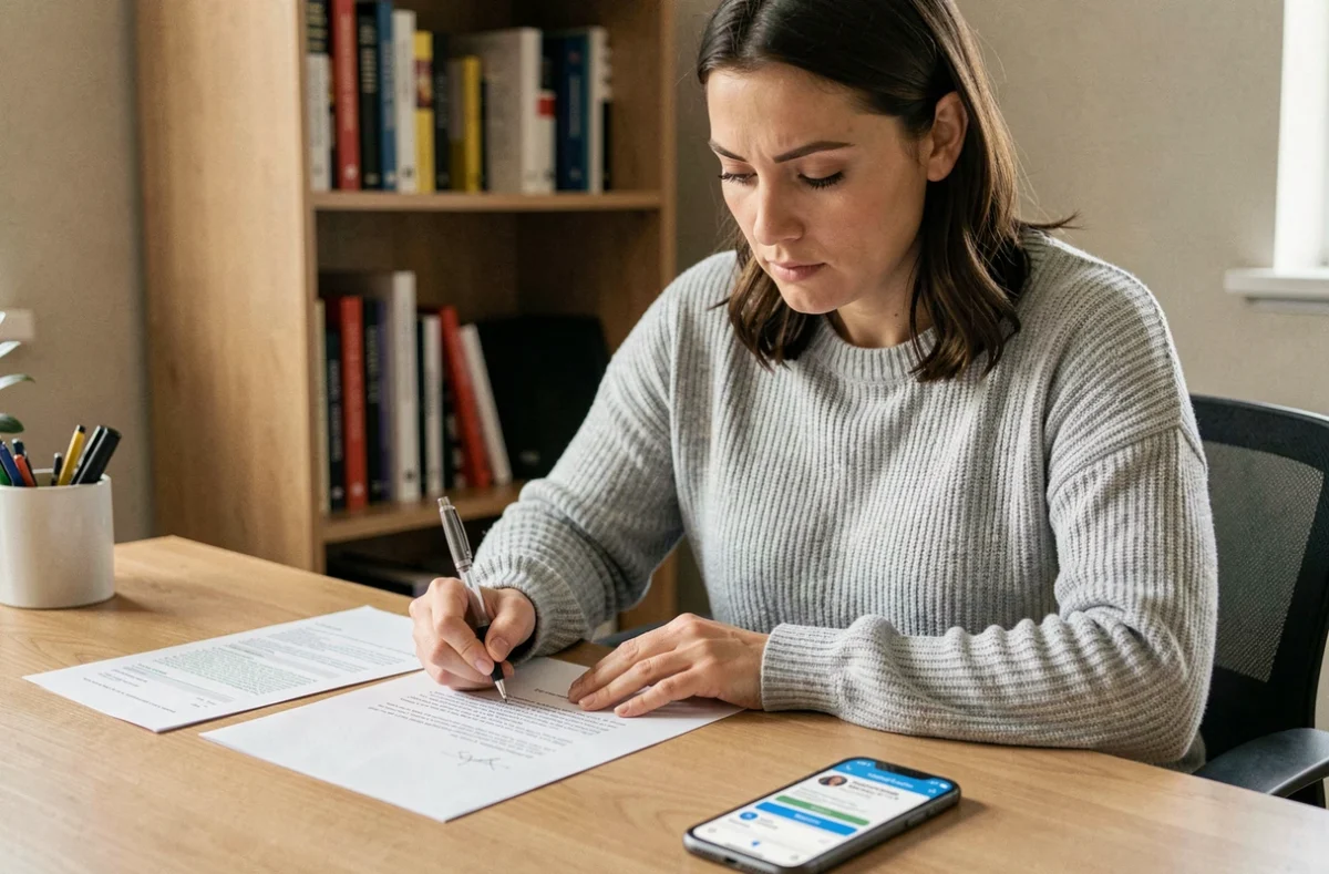 Femme rédigeant une lettre de résiliation d'abonnement à son bureau à domicile avec un contrat imprimé