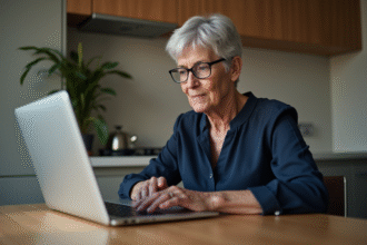 Femme d'environ 60 ans travaillant sur son ordinateur dans la cuisine
