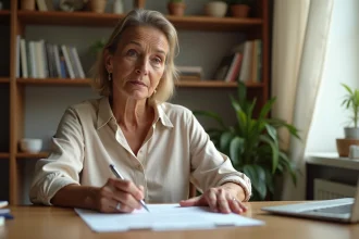 Femme remplissant une attestation d'hébergement pour demande de visa à son bureau à domicile