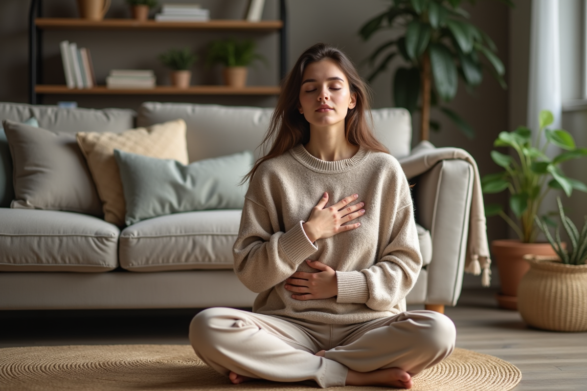Femme en méditation dans un salon cosy et naturel