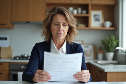 Femme d'âge moyen examine documents d'impôts dans une cuisine lumineuse