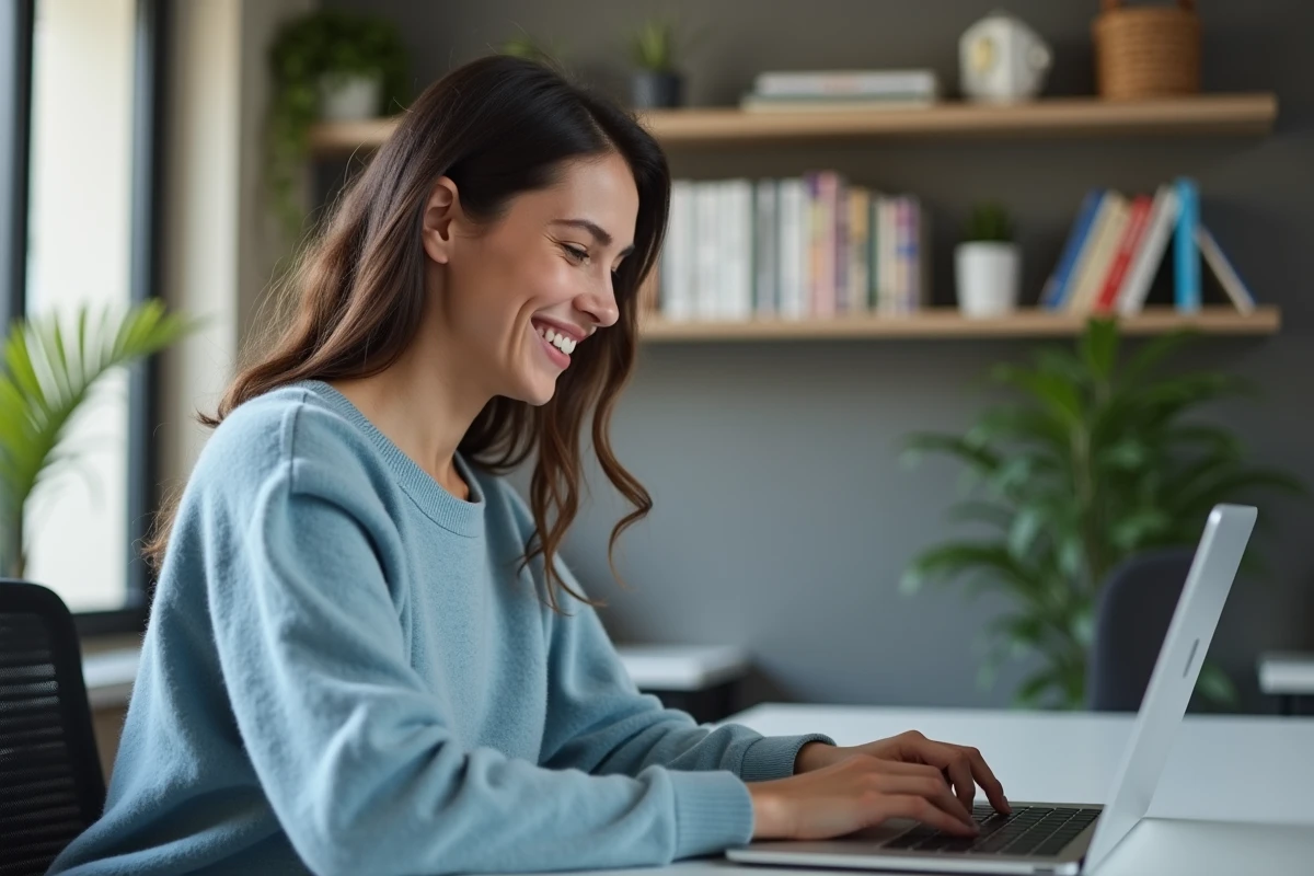 Jeune femme française naviguant sur son ordinateur portable