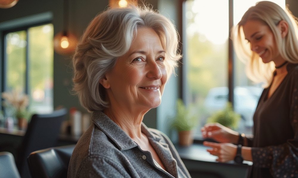 Femme d'âge moyen souriante dans un salon de coiffure lumineux
