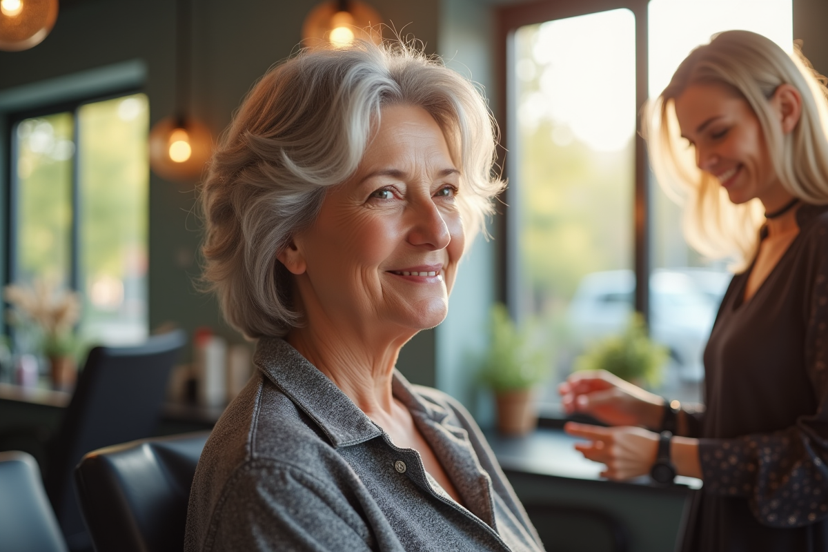 Femme d'âge moyen souriante dans un salon de coiffure lumineux