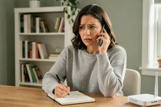 Femme au téléphone avec le service client Sosh depuis son bureau à domicile avec une box internet visible