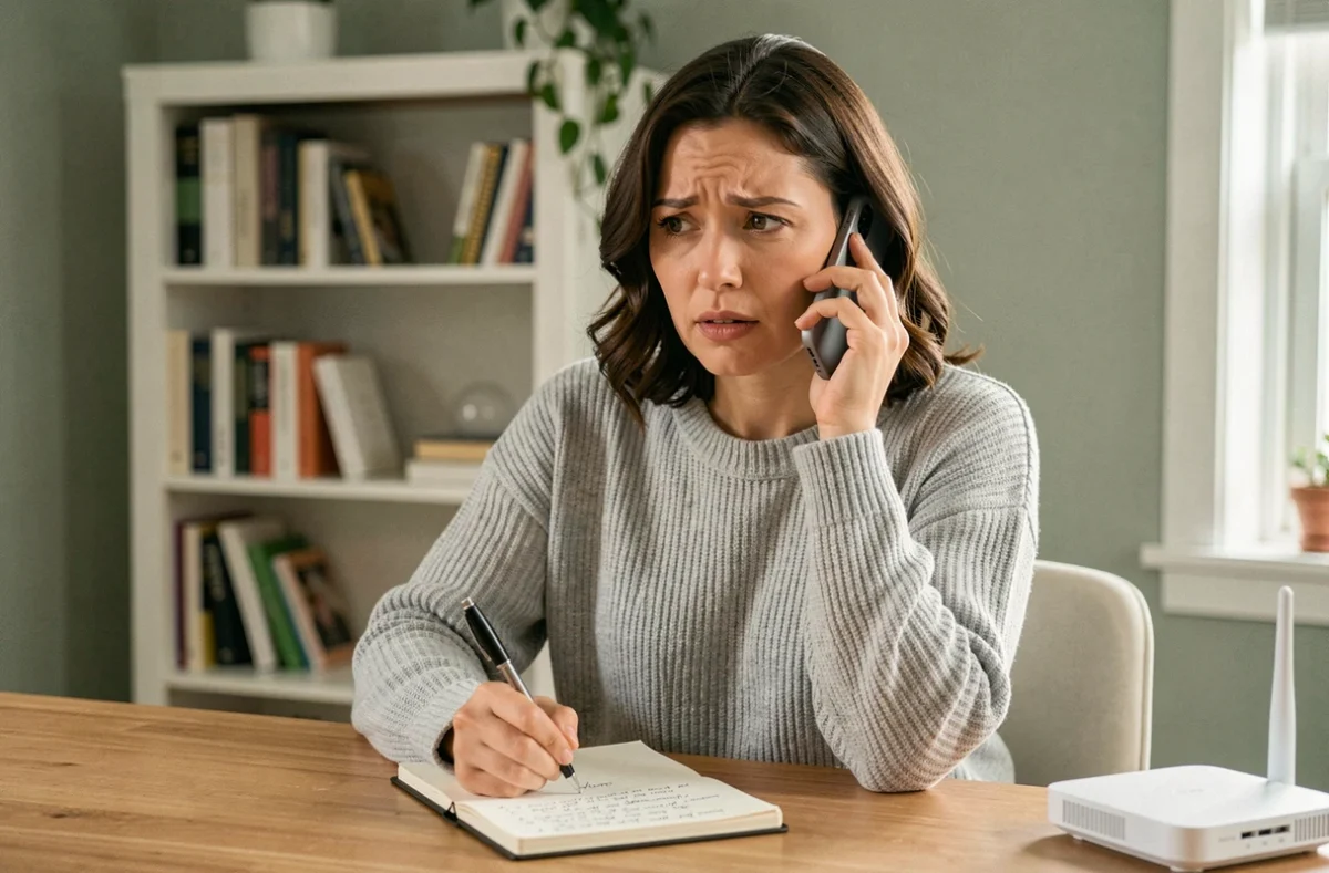 Femme au téléphone avec le service client Sosh depuis son bureau à domicile avec une box internet visible