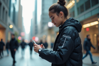 Jeune femme portant veste high-tech dans la ville