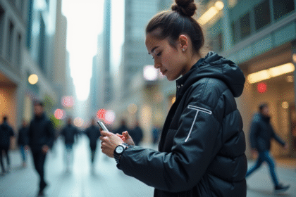 Jeune femme portant veste high-tech dans la ville