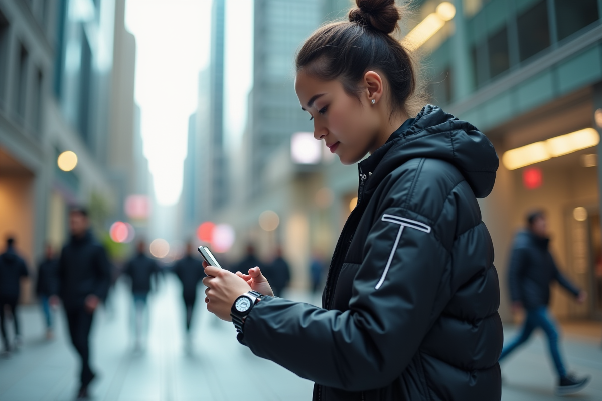 Jeune femme portant veste high-tech dans la ville