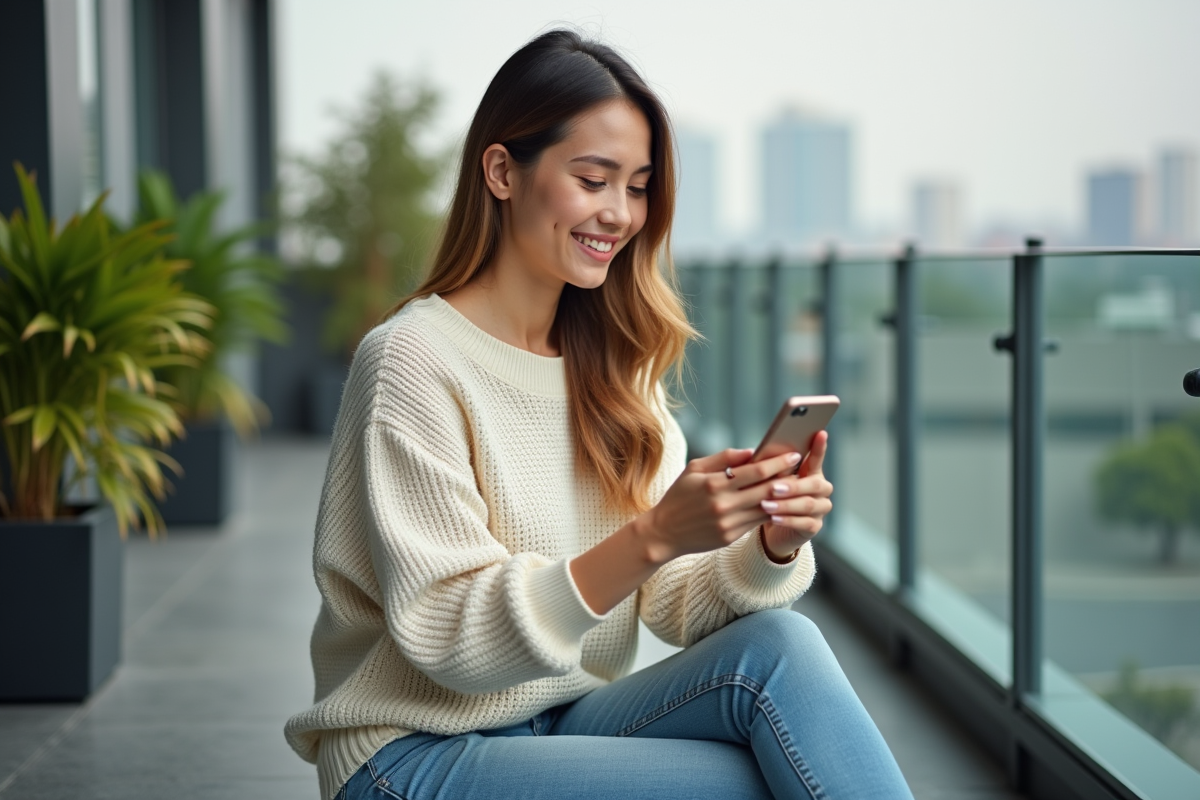 Jeune femme avec smartphone sur balcon urbain