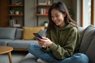 Jeune femme souriante sur un canapé consultant des liens de dés gratuits Monopoly GO sur son smartphone