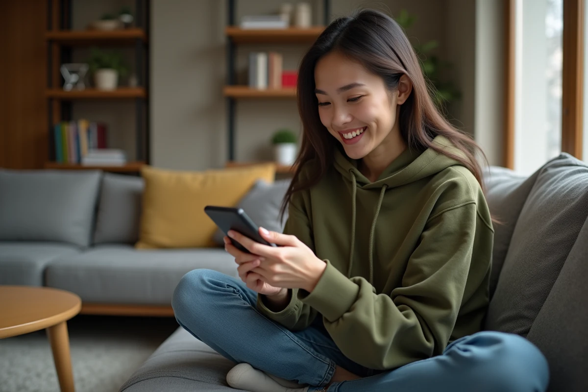 Jeune femme souriante sur un canapé consultant des liens de dés gratuits Monopoly GO sur son smartphone