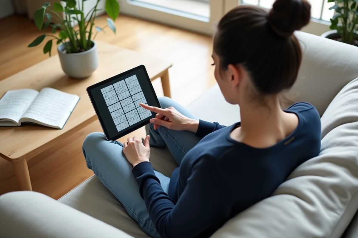 Femme réfléchissant sur une grille de sudoku numérique sur tablette dans un salon moderne pour se préparer à une énigme de QI