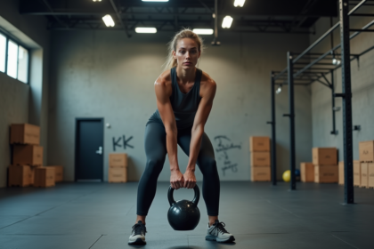 Jeune femme faisant un swing de kettlebell en salle de CrossFit