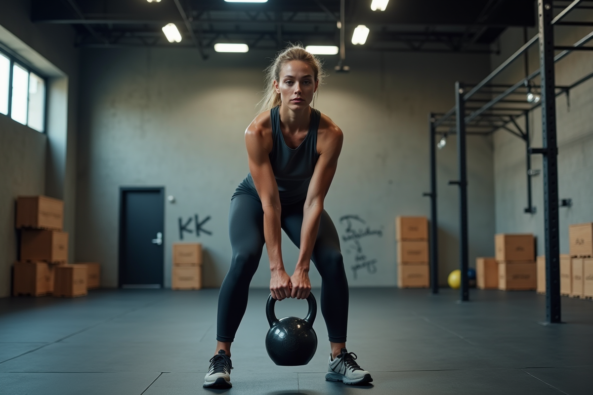 Jeune femme faisant un swing de kettlebell en salle de CrossFit