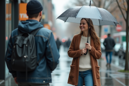 Femme souriante offrant un parapluie sous la pluie en ville