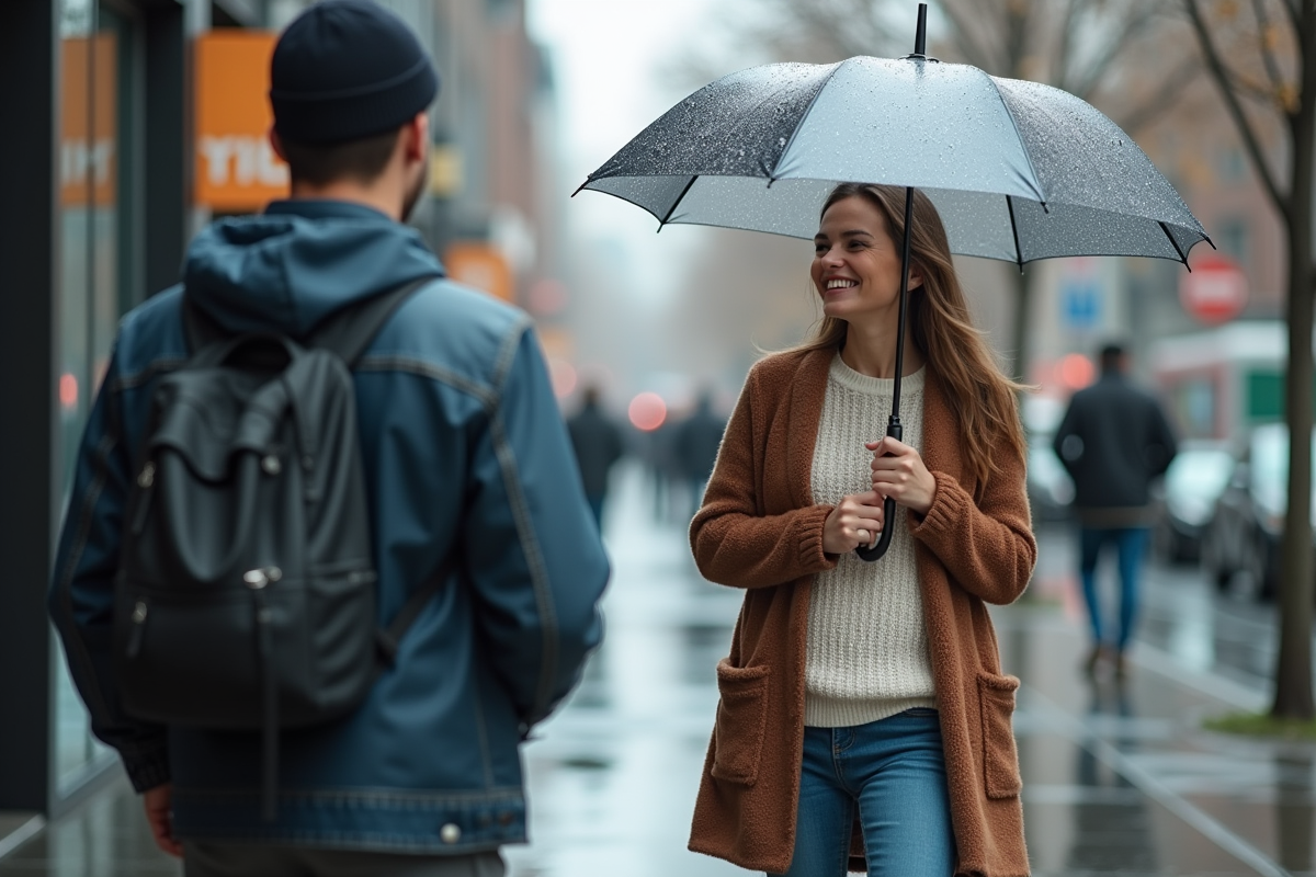 Femme souriante offrant un parapluie sous la pluie en ville
